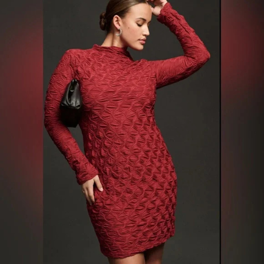 MAEVE LONG-SLEEVE SCRUNCH TEXTURED MINI DRESS L NWT